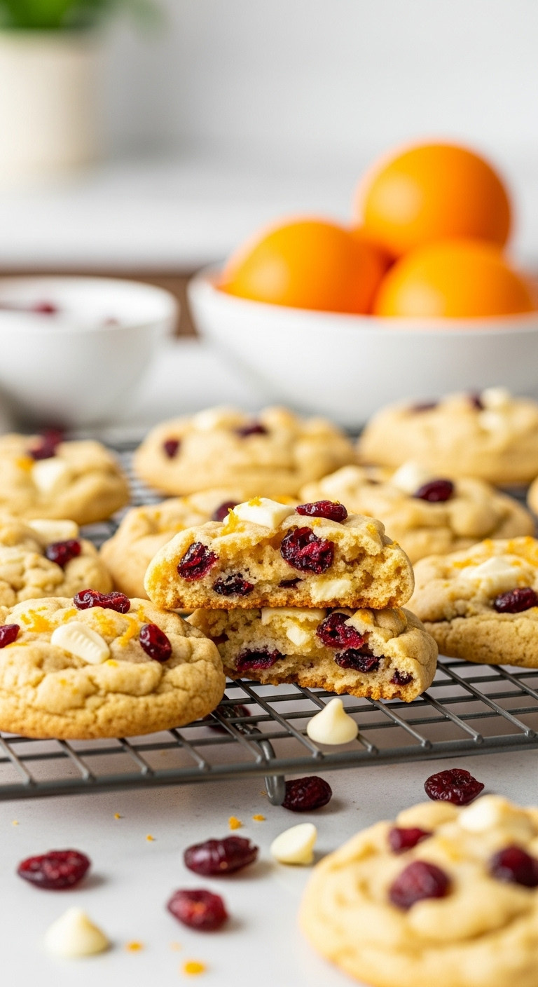 Fresh Cranberry Orange White Chocolate Cookies On Cooling Rack, One Broken. Chewy, Studded With Cranberries, White Chocolate, Orange Zest. Bright Kitchen.