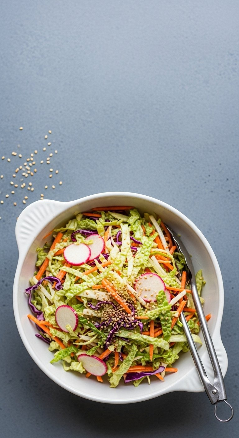 Fresh Crunchy Slaw With Shredded Cabbage And Carrots In A White Ceramic Bowl On Slate.