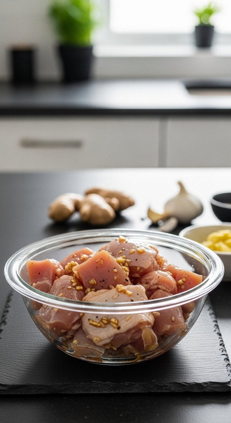 Fresh Cubed Chicken Thighs Marinating In A Glass Bowl With Ginger And Garlic On A Dark Slate Surface.