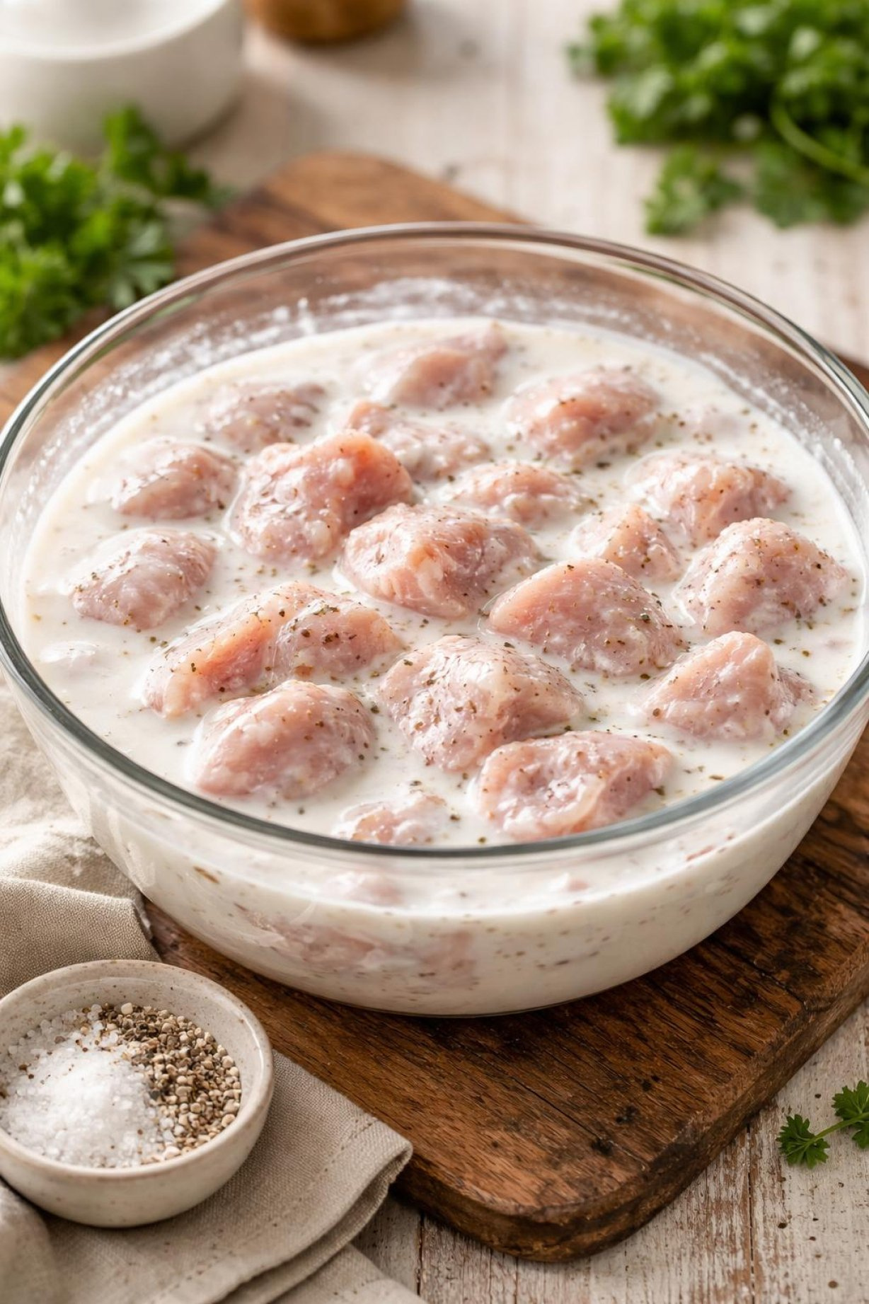 Fresh Cubed Chicken Thighs Submerged In A Thick White Buttermilk Marinade In A Glass Bowl On A Rustic Wooden Table.