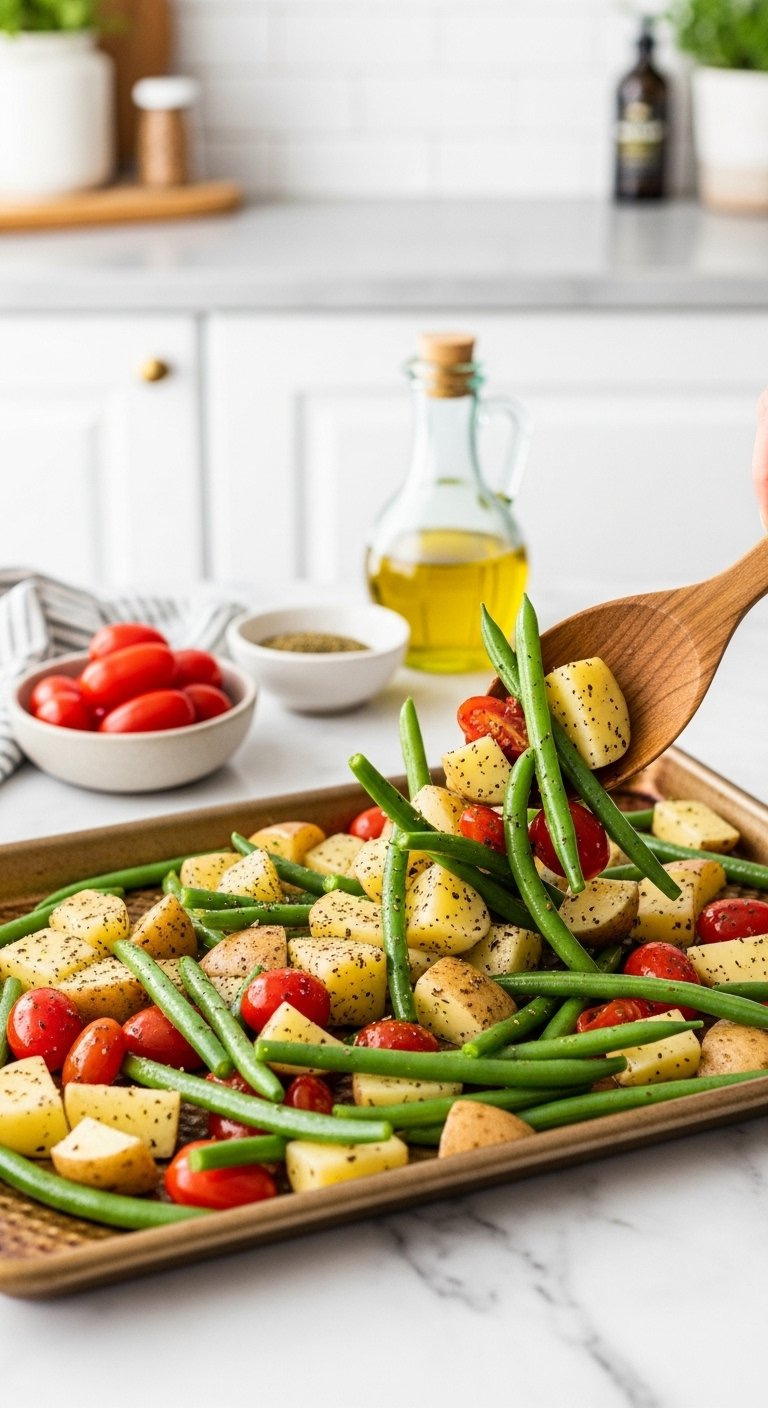 Fresh Diced Potatoes Green Beans And Tomatoes Tossed With Olive Oil And Herbs.