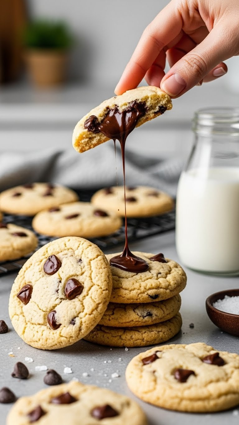 Fresh Flourless Chocolate Chip Cookies On Cooling Rack With Melted Chocolate Chips And Golden-Brown Edges