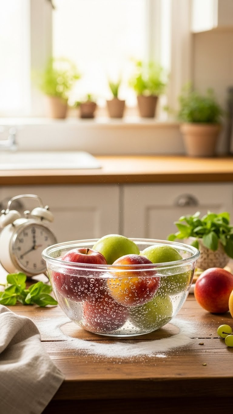 Fresh Fruits Soaking In Cloudy Baking Soda Solution With Kitchen Timer Visible Indicating The Soaking Process Duration.
