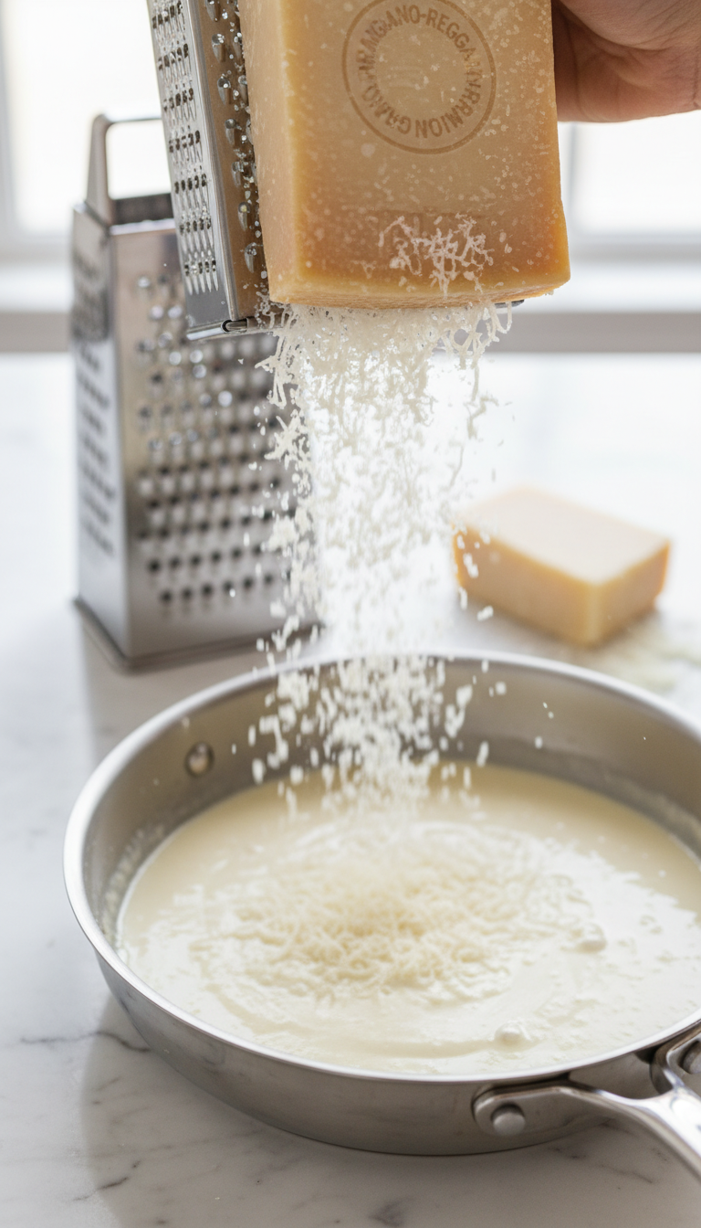 Fresh Grated Parmesan Cheese Falling From A Grater Into A Simmering Creamy Garlic Sauce.