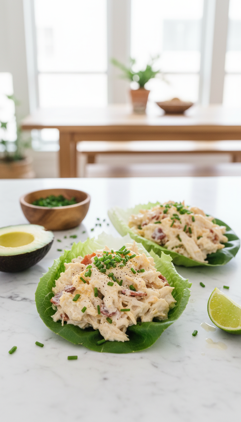 Fresh Green Butter Lettuce Cups Filled With Creamy Shredded Crack Chicken And Chives On A White Marble Countertop.