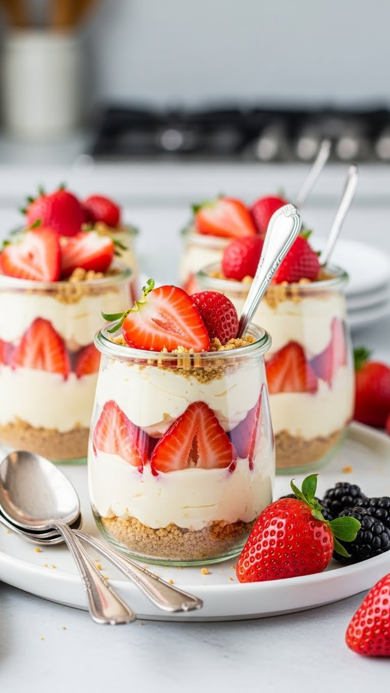 Fresh Layered Strawberry Cheesecake Parfaits In Clear Glasses. Vibrant Red Strawberries, Creamy Filling, Graham Cracker Crust Dessert.