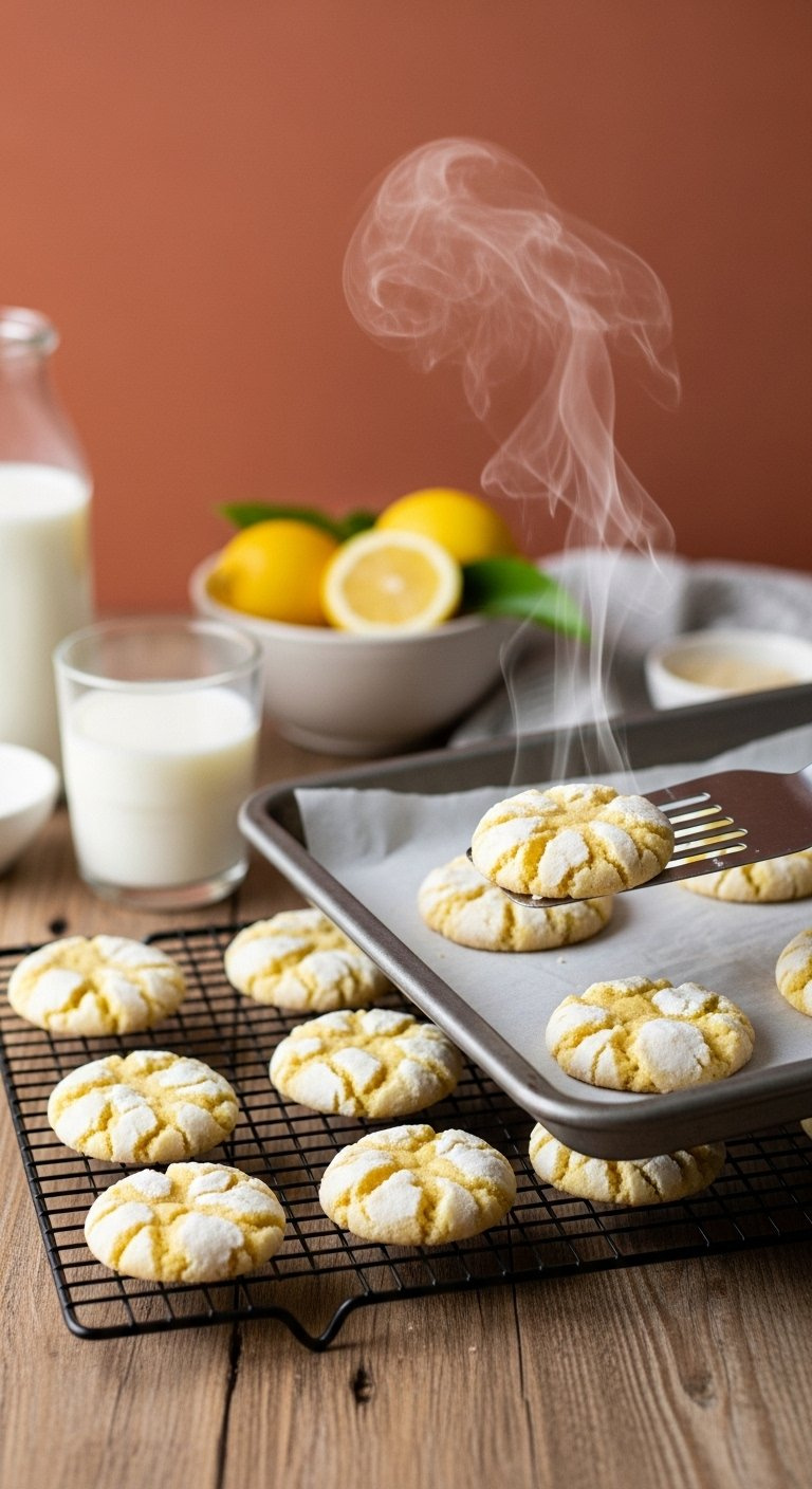 Fresh Lemon Crinkle Cookies Being Transferred From A Baking Sheet To A Black Wire Cooling Rack.