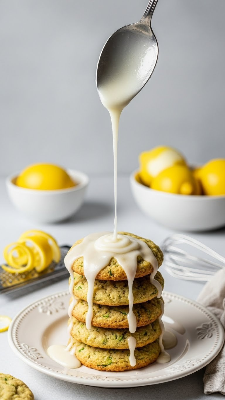 Fresh Lemon Glaze Being Drizzled From A Spoon Over Warm Golden Brown Zucchini Cookies Stacked On A Vintage Ceramic Plate.