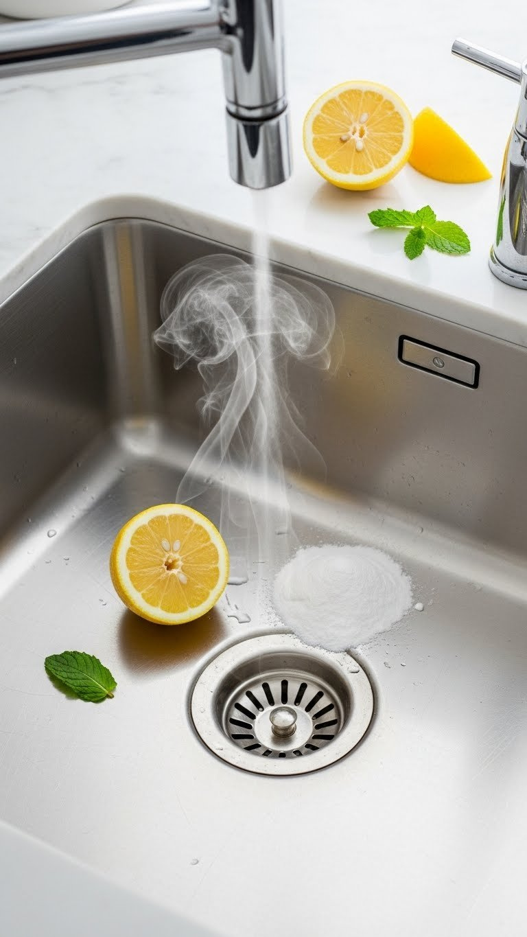 Fresh Lemon Half And Baking Soda Mound Near Stainless Steel Sink Drain With Steam Suggesting Natural Deodorization