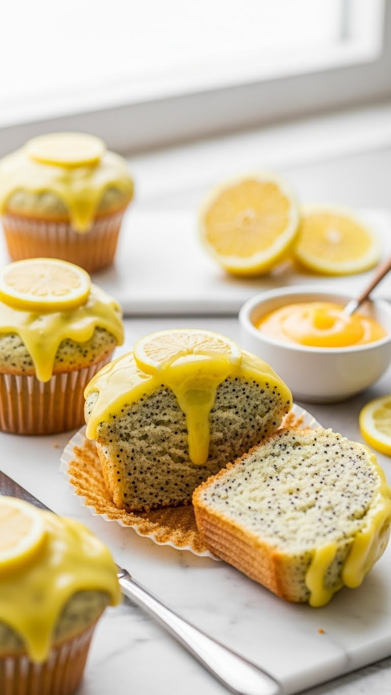 Fresh Lemon Poppy Seed Muffins With Bright Lemon Glaze Drizzle, Sliced To Reveal Moist Crumb. Wooden Table, Lemon Slices, Soft Natural Light.