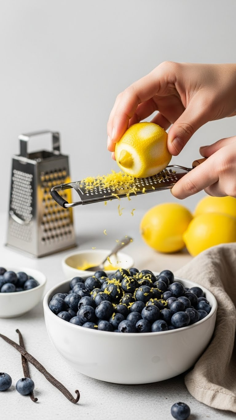 Fresh Lemon Zest Grated Over Glistening Blueberries With Vanilla Bean For Cheesecake Flavoring