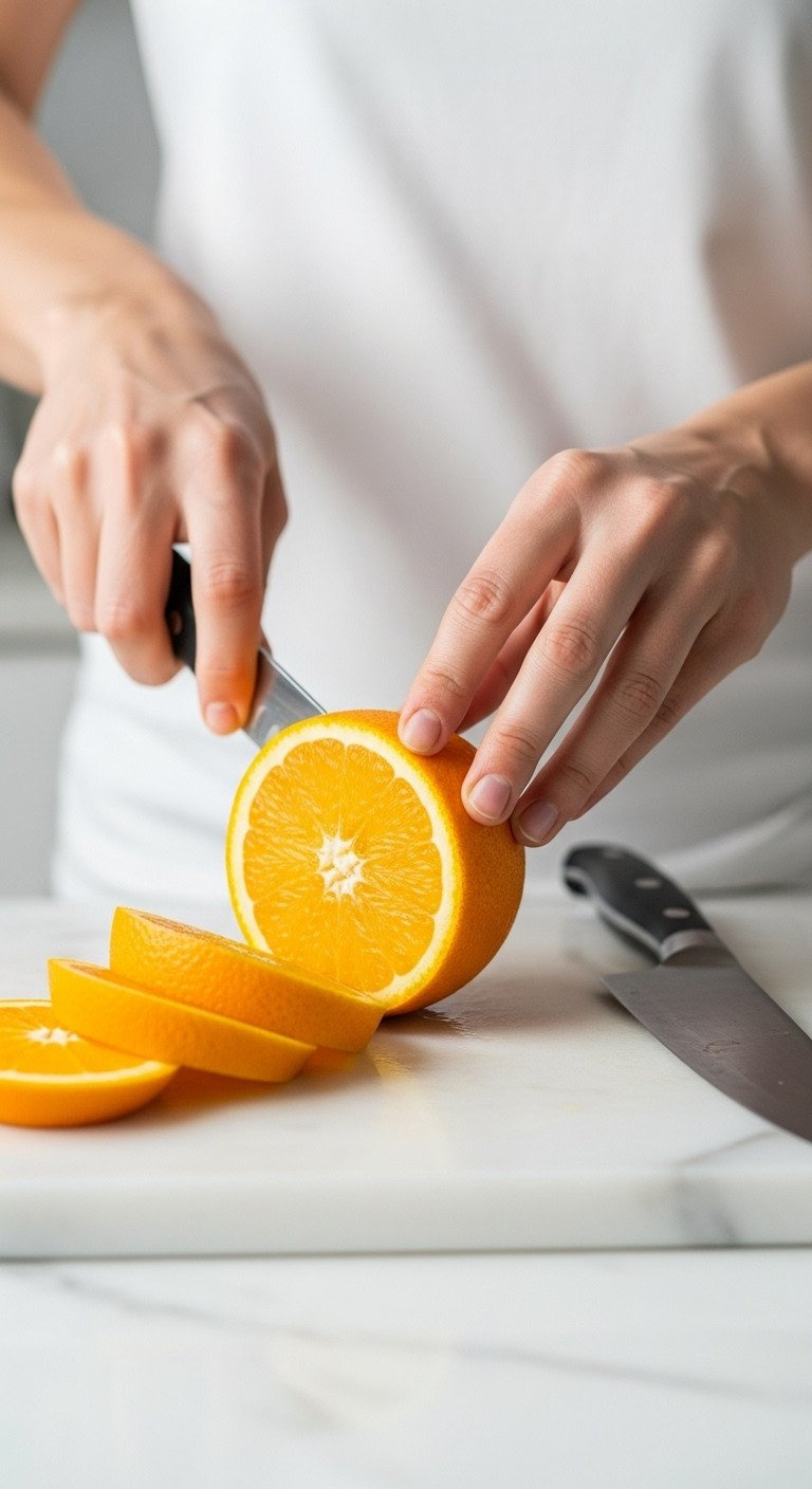 Fresh Orange Being Sliced On A White Marble Countertop With A Gleaming Chef's Knife And Perfectly Cut Orange Slices.