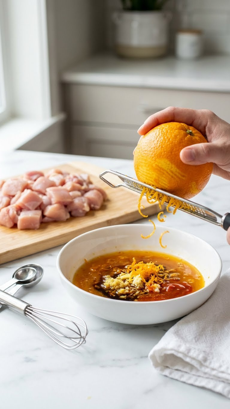 Fresh Orange Zest Is Grated Over Vibrant Sauce Ingredients With Diced Chicken Thighs Prepped For Instant Pot Orange Chicken.