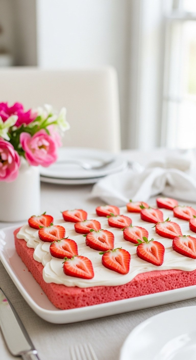 Fresh Pink Strawberry Sheet Cake Slice With Glaze And Neatly Arranged Sliced Strawberries On A White Plate, Linen.