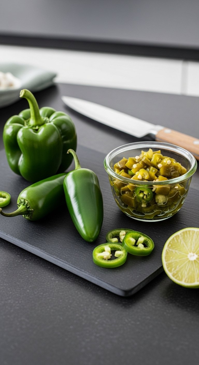 Fresh Poblano And Jalapeno Peppers Alongside A Bowl Of Canned Diced Green Chilies On A Dark Slate Board.