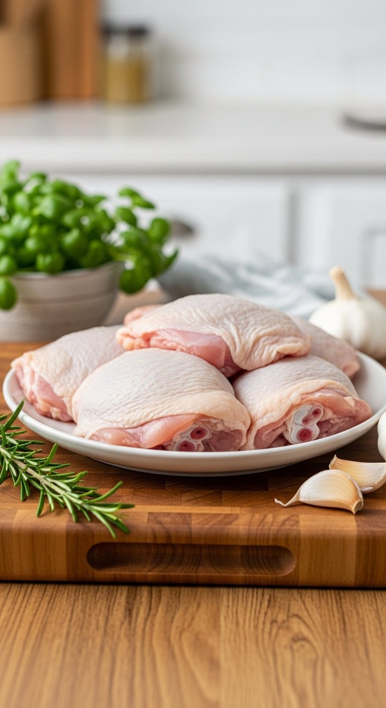 Fresh Raw Bone-In Chicken Thighs Arranged On A Rustic Wooden Butcher Block With Rosemary And Garlic Cloves.