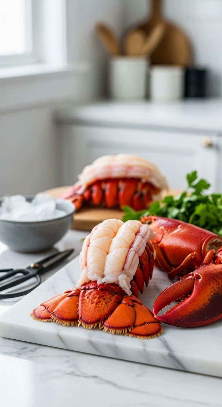 Fresh Raw Butterflied Lobster Tails With Exposed White Meat Resting On A Cool Marble Cutting Board.