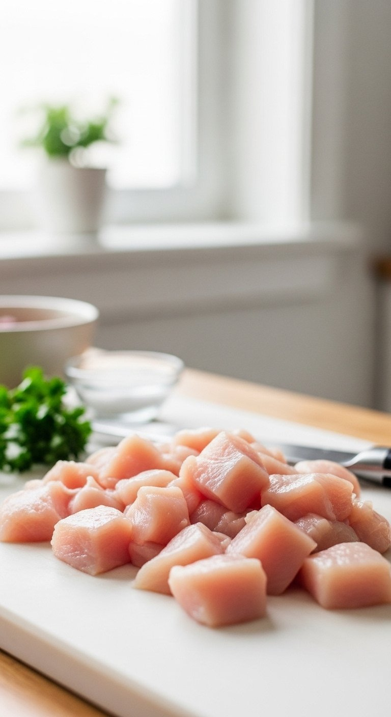 Fresh Raw Chicken Breast Cubes Cut On A Light Wooden Board With Parsley And A Knife In Soft Natural Light.