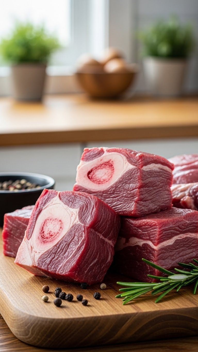 Fresh Raw Venison Stew Meat Cubes On Rustic Wooden Cutting Board With Rosemary Sprig And Peppercorns In Natural Light