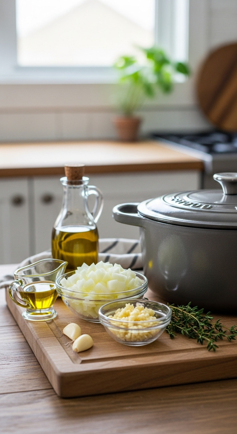 Fresh Recipe Ingredients: Diced Yellow Onion, Minced Garlic In Bowls, Olive Oil, Thyme On Rustic Wooden Board, Dutch Oven. Ready For Cooking.