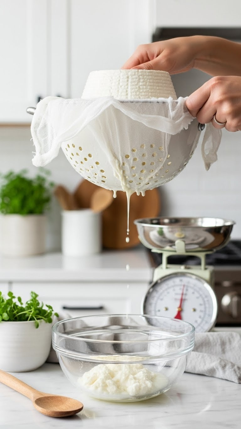 Fresh Ricotta Cheese Draining Through Cheesecloth Into A Glass Bowl With Visible Liquid Separation