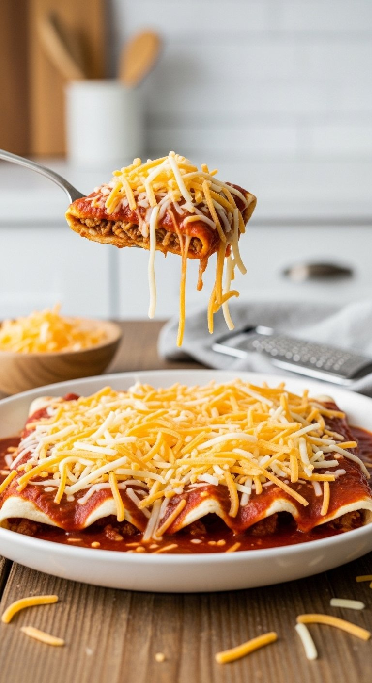 Fresh Shredded Cheddar And Monterey Jack Cheese Scattered Over Red Sauced Chicken Enchiladas.