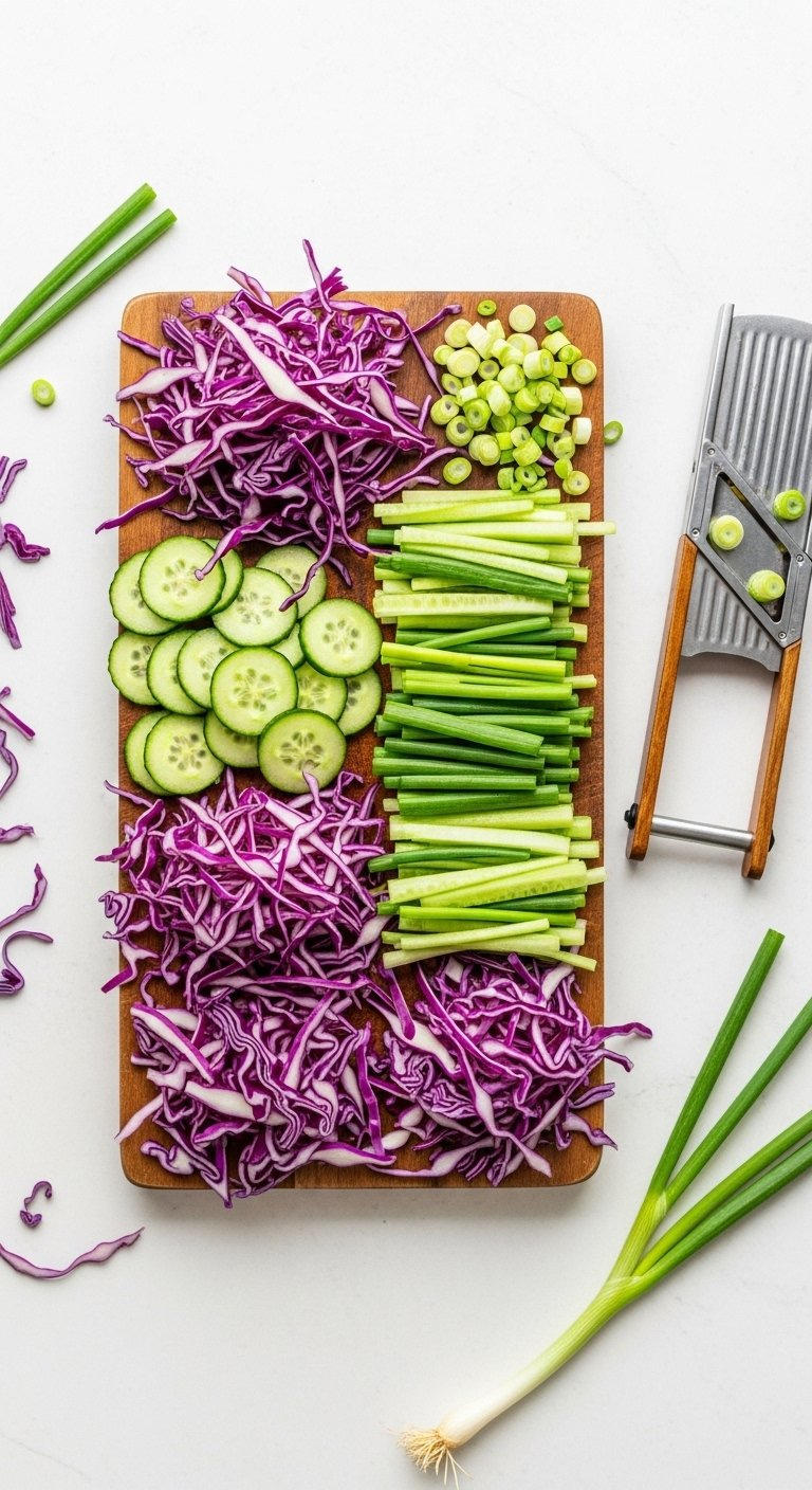 Fresh Shredded Red Cabbage, Sliced Cucumber, And Chopped Green Onions Arranged On A Wooden Board.
