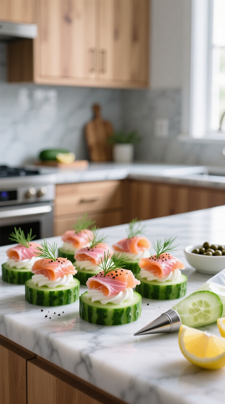 Fresh Smoked Salmon Dill Cucumber Bites, Cream Cheese, Lemon, Capers, On Marble, For Elegant Appetizers.