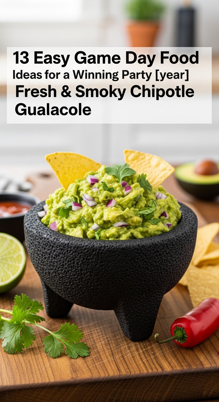 Fresh Smoky Chipotle Guacamole In A Dark Molcajete With Red Onion Cilantro And Lime On A Rustic Wooden Cutting Board