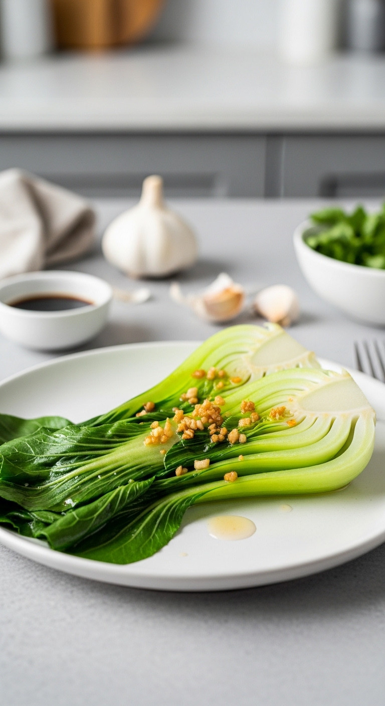 Fresh Stir-Fried Garlic Bok Choy Glistening With Golden Garlic Flecks Served On A Minimalist White Plate.