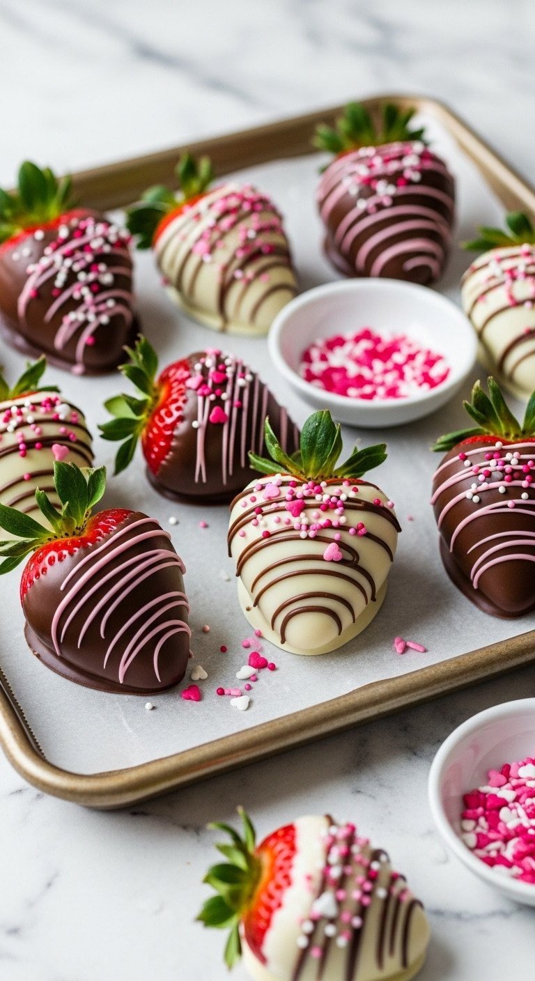 Fresh Strawberries Dipped In Glossy Dark And White Chocolate, Decorated With Pink And Red Sprinkles On Parchment Paper.