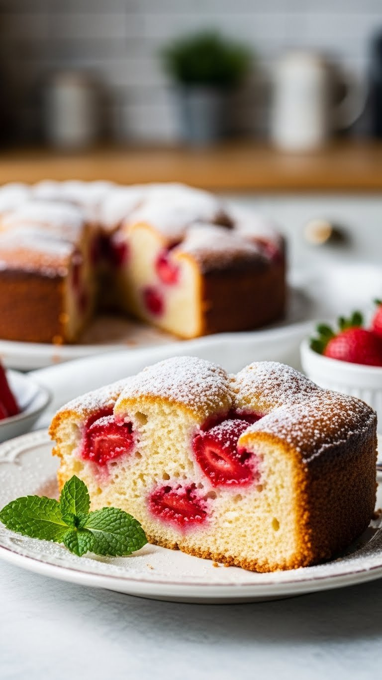 Fresh Strawberry Cake Slice With Golden Sugar Crust And Visible Red Berries On Vintage Ceramic Plate In Soft Natural Light