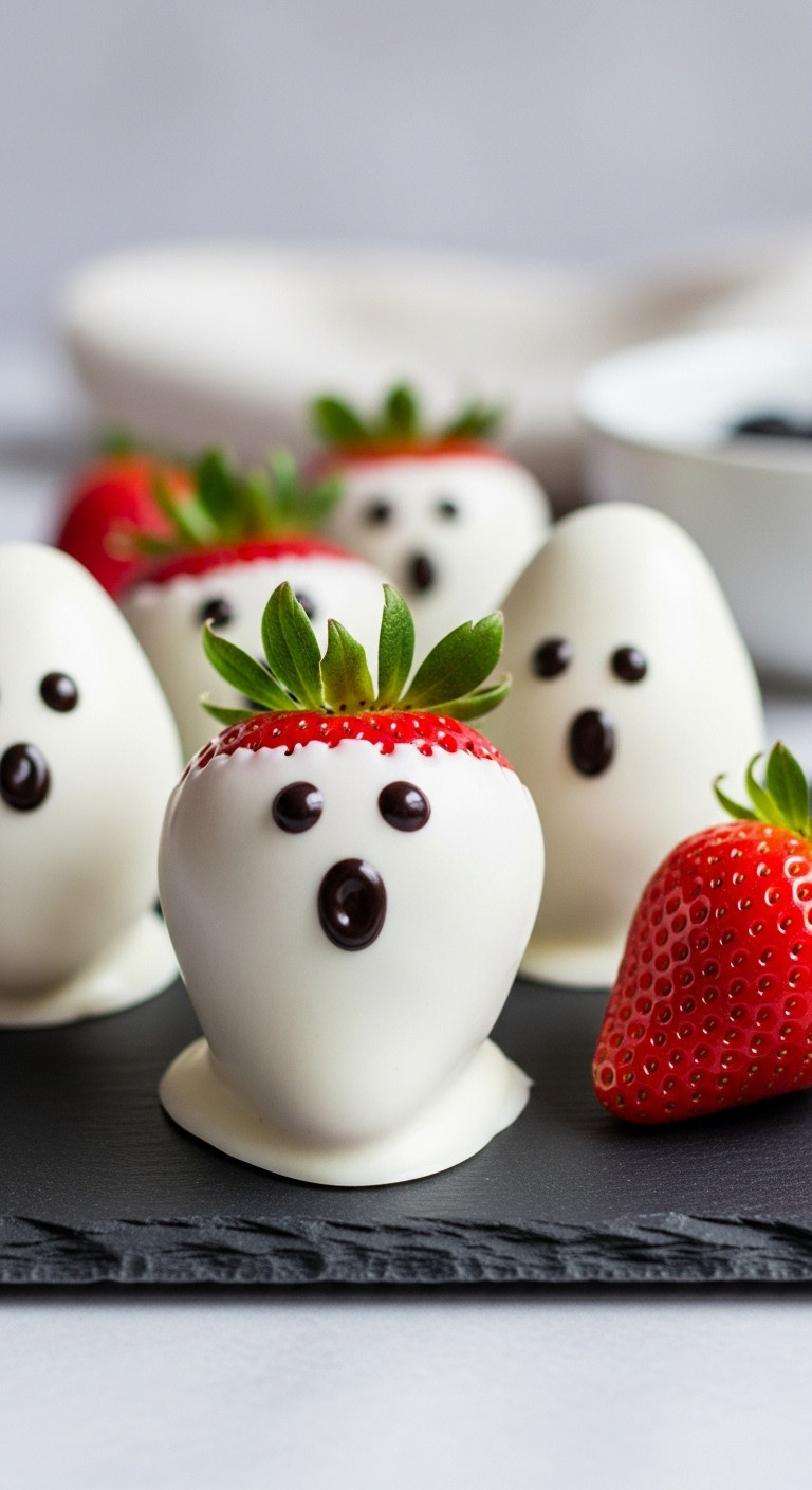 Fresh Strawberry Ghosts, Dipped In White Chocolate With Black Eyes, Standing On A Sleek Black Tray, Perfect For Halloween.