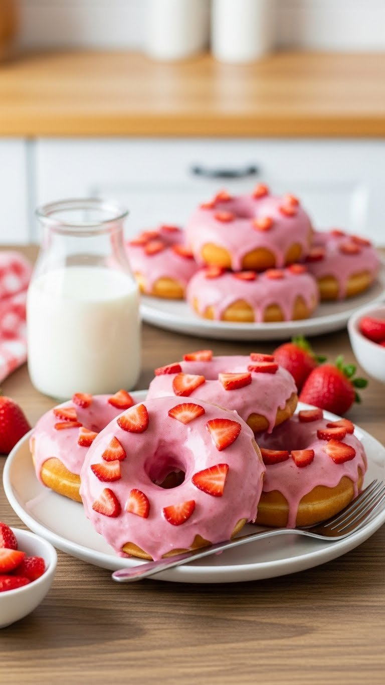 Fresh Strawberry Glazed Donuts With Glossy Pink Icing And Sliced Strawberry Pieces On Rustic Table