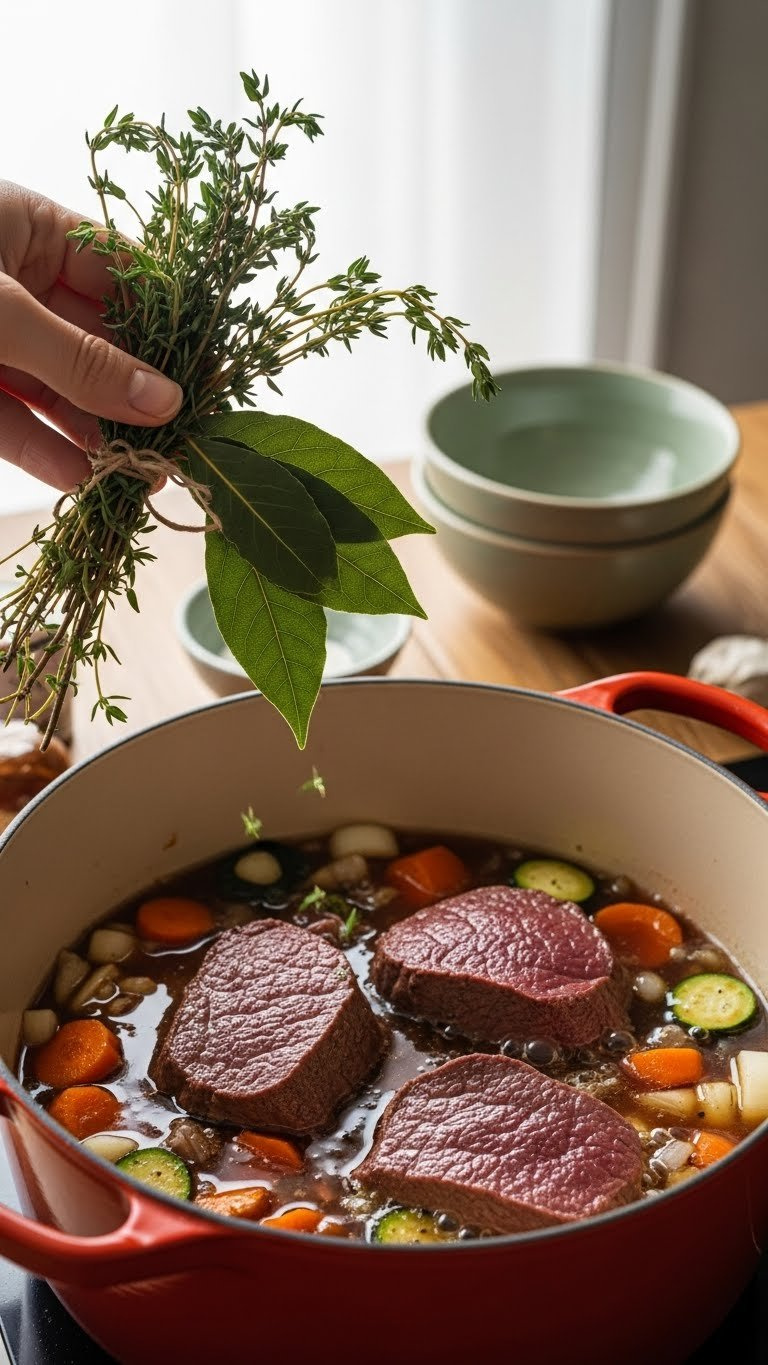 Fresh Thyme And Bay Leaves Being Added To Venison Stew Simmering In Dutch Oven With Ceramic Bowls