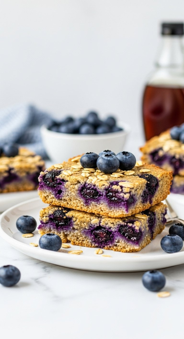 Fresh Vegan Blueberry Banana Oat Bars Bursting With Juicy Berries On White Marble Countertop With Maple Syrup.