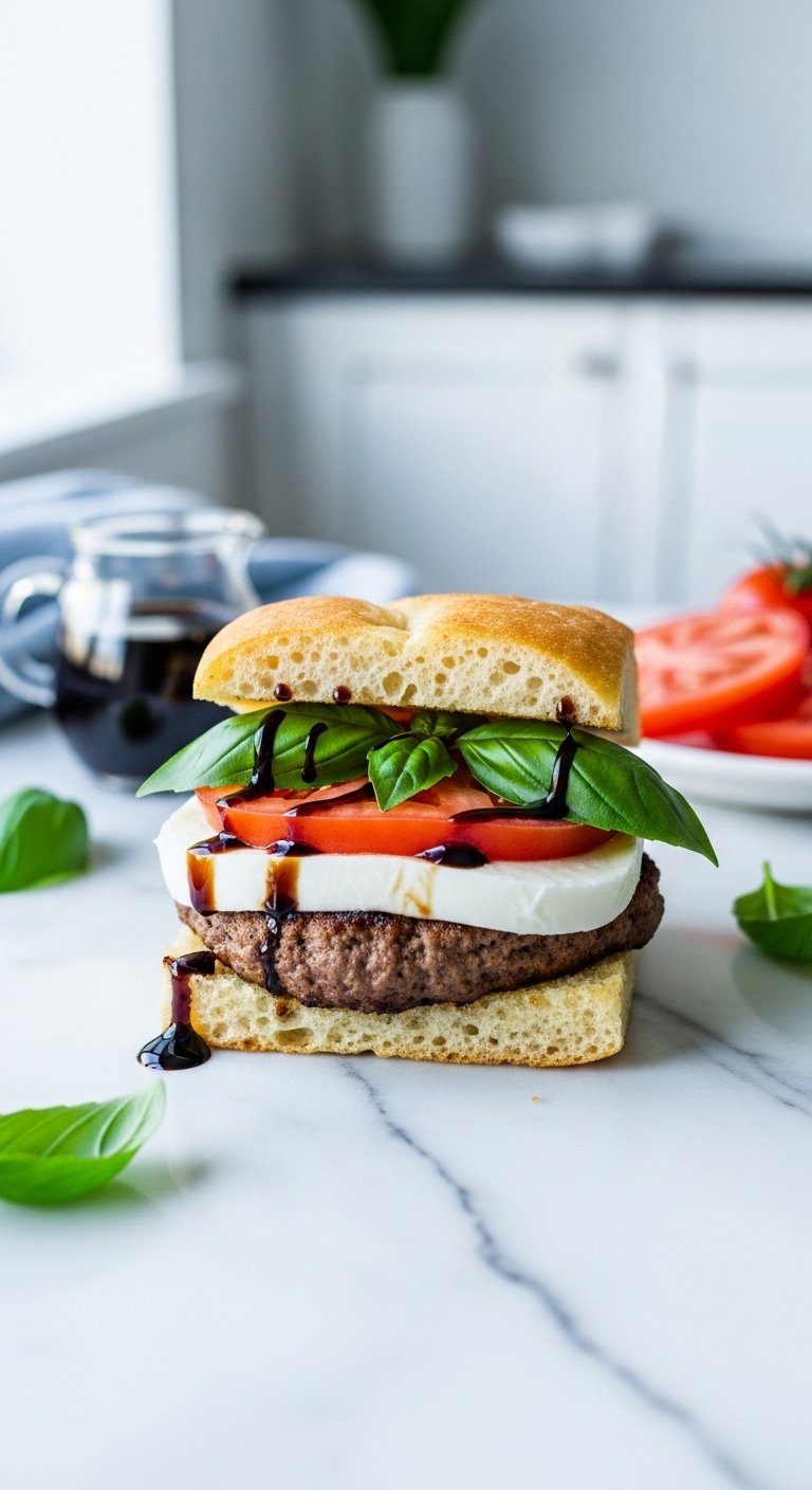 Fresh Vegetarian Caprese Slider With Mozzarella Tomato Basil On Focaccia Bun With Balsamic Glaze.