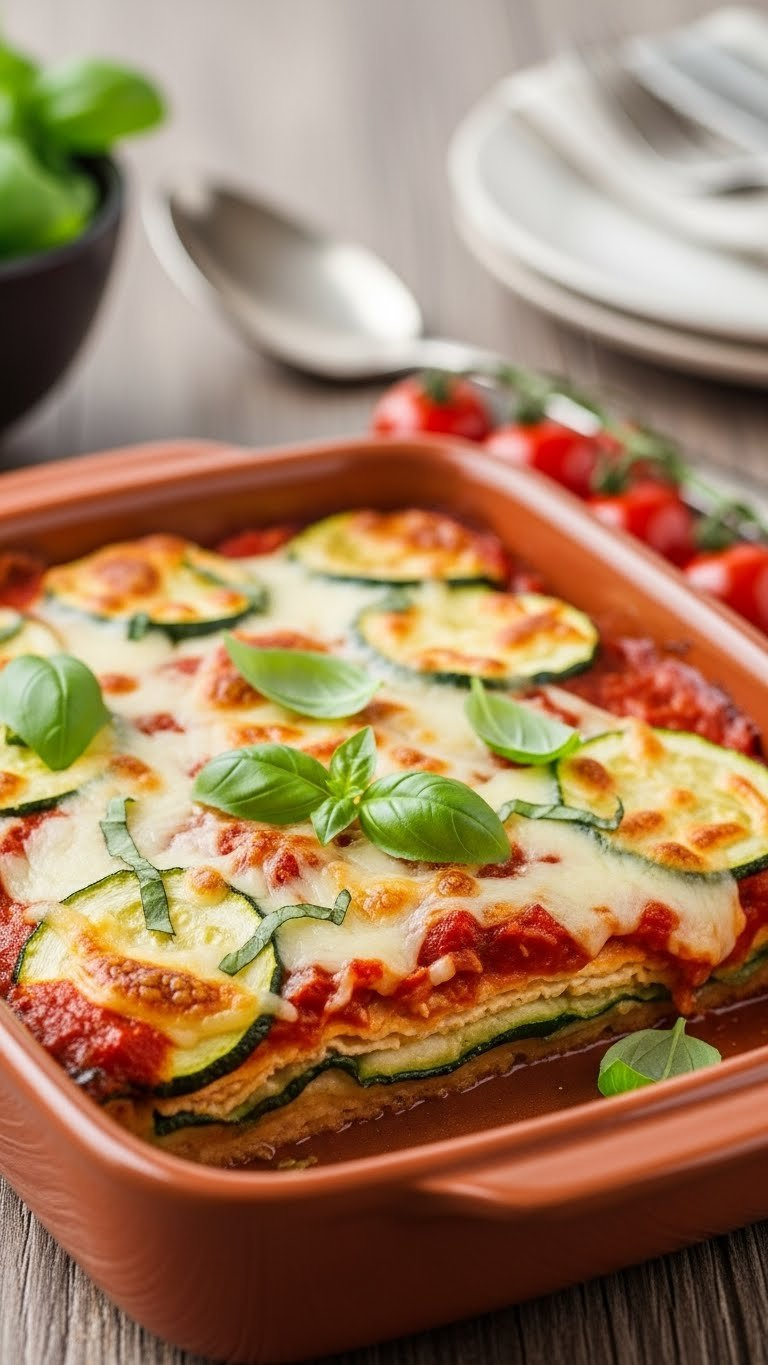 Fresh Vegetarian Zucchini Parmesan Casserole With Sliced Zucchini, Tomato Sauce, And Melted Cheese.