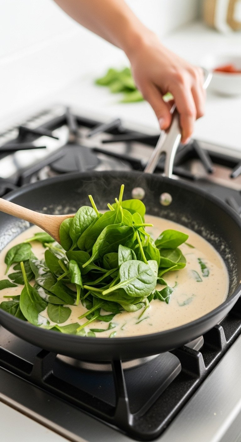 Fresh Vibrant Green Spinach Leaves Wilting Into A Creamy White Sauce In A Skillet On A Modern Stovetop.
