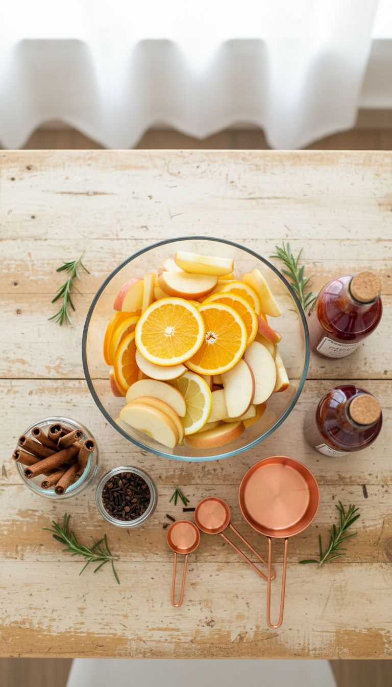 Fresh Wassail Ingredients Flat Lay: Orange, Lemon, Apple Slices, Cinnamon, Cloves, Apple Cider, Cranberry Juice On Rustic Wood.