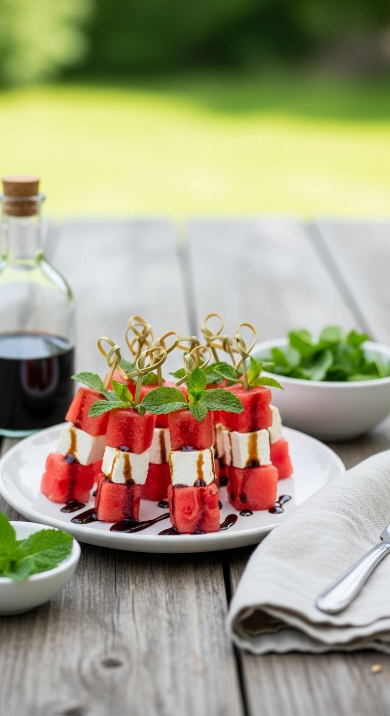 Fresh Watermelon And Feta Salad Skewers On A Rustic Wooden Table Garnished With Mint And Balsamic Glaze.