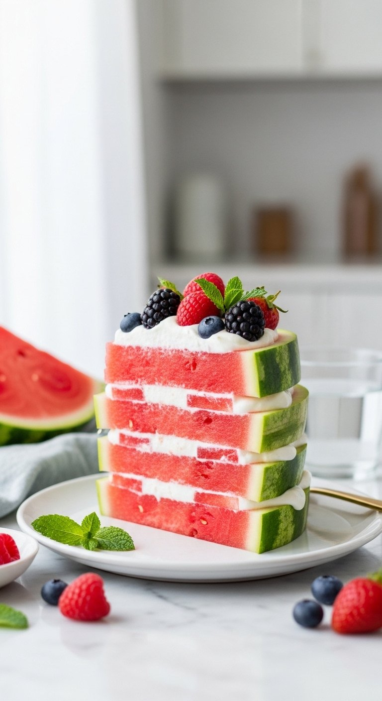 Fresh Watermelon Cake Stacked With Yogurt Frosting And Mint On A White Marble Countertop.
