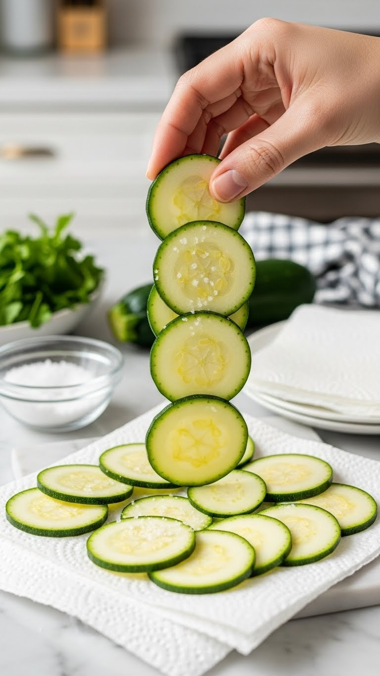 Fresh Zucchini Rounds Thinly Sliced On White Paper Towels With Sea Salt Sprinkled For Moisture Removal In Kitchen Preparation