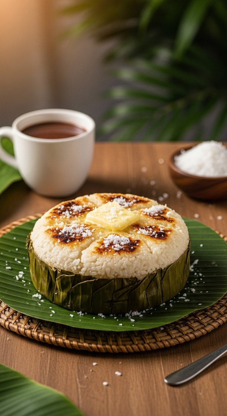 Freshly Baked Filipino Bibingka On Banana Leaf, Topped With Melted Butter, Coconut. Golden-Brown Rice Cake Served With Tsokolate.