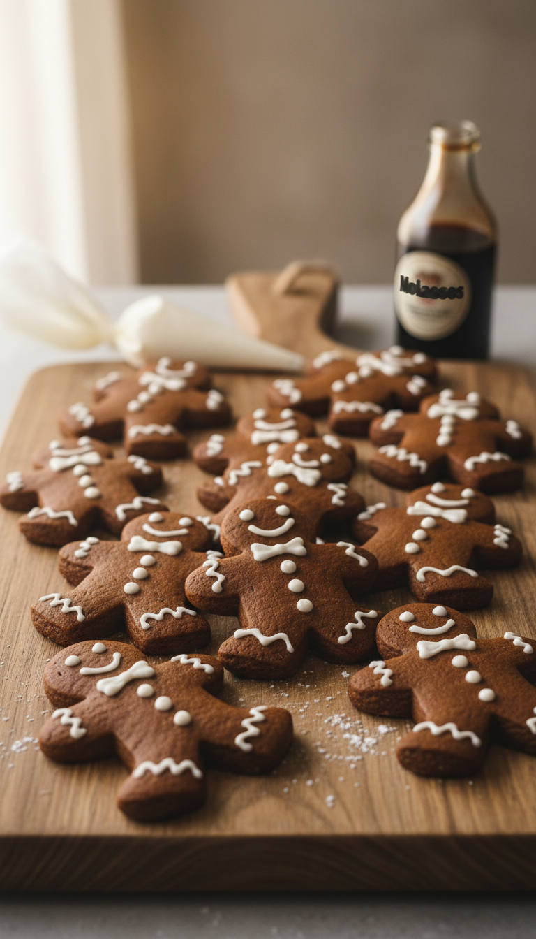 Freshly Baked Gingerbread Men Cookies Decorated With White Royal Icing On A Wooden Board. Classic Festive Holiday Treats.