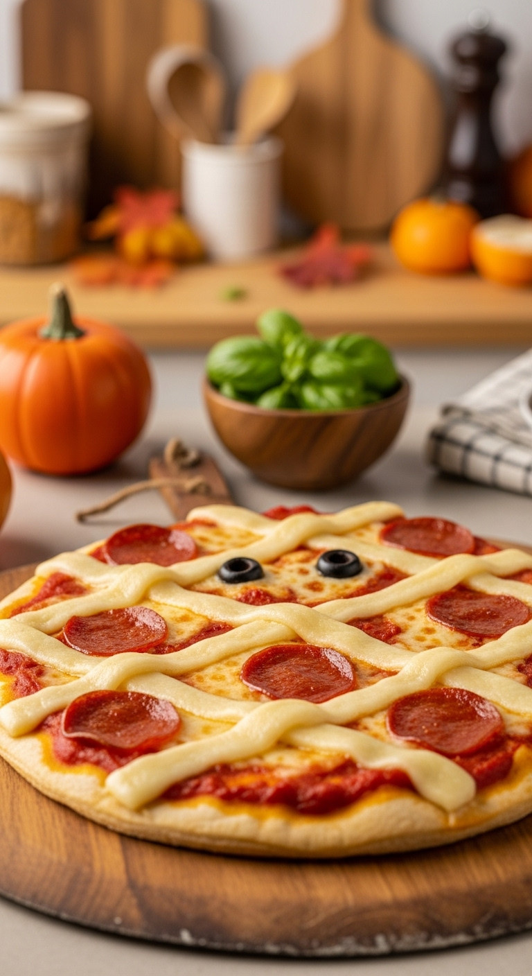 Freshly Baked Halloween Mummy Pizza With Melted Mozzarella Strips, Red Sauce, Pepperoni, And Black Olive Eyes On A Rustic Peel, Autumn Kitchen Background.