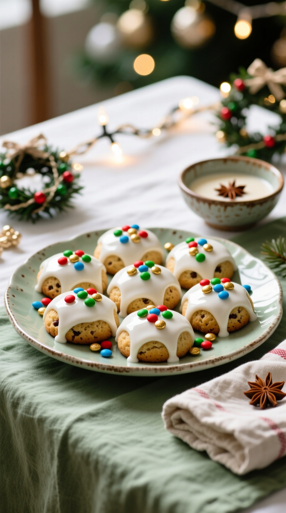Freshly Baked Italian Anise Drop Cookies With Thick White Glaze And Festive Sprinkles On A Vintage Platter, Holiday Scene.