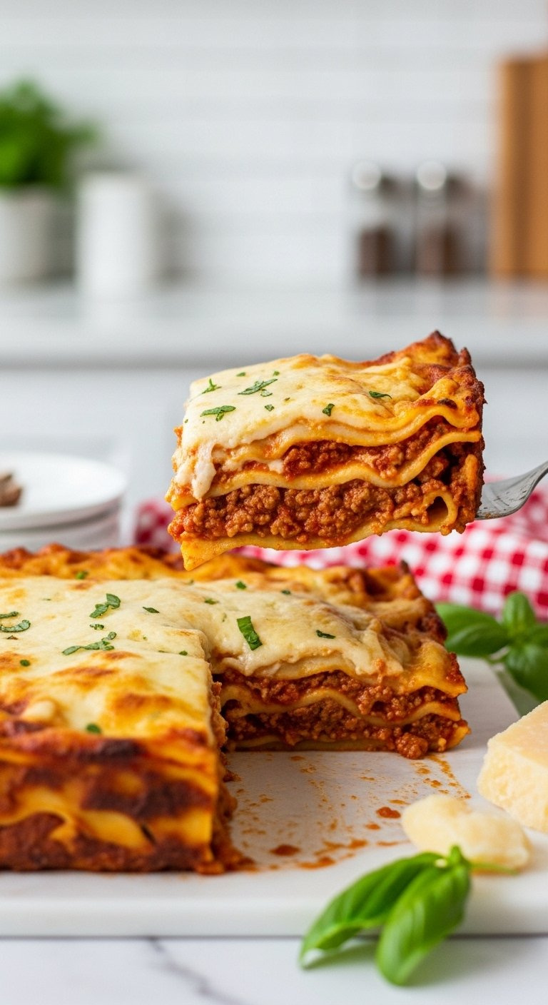 Freshly Baked Italian Lasagna Al Forno With Lifted Corner Revealing Layers Of Pasta Meat Ragù And Melted Mozzarella Cheese.