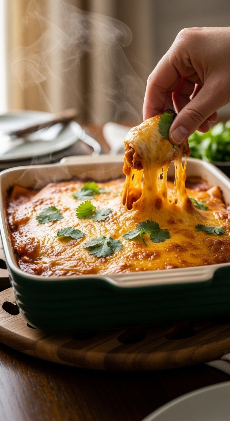 Freshly Baked Queso Chicken Enchiladas Topped With Melted Cheese And Fresh Cilantro.