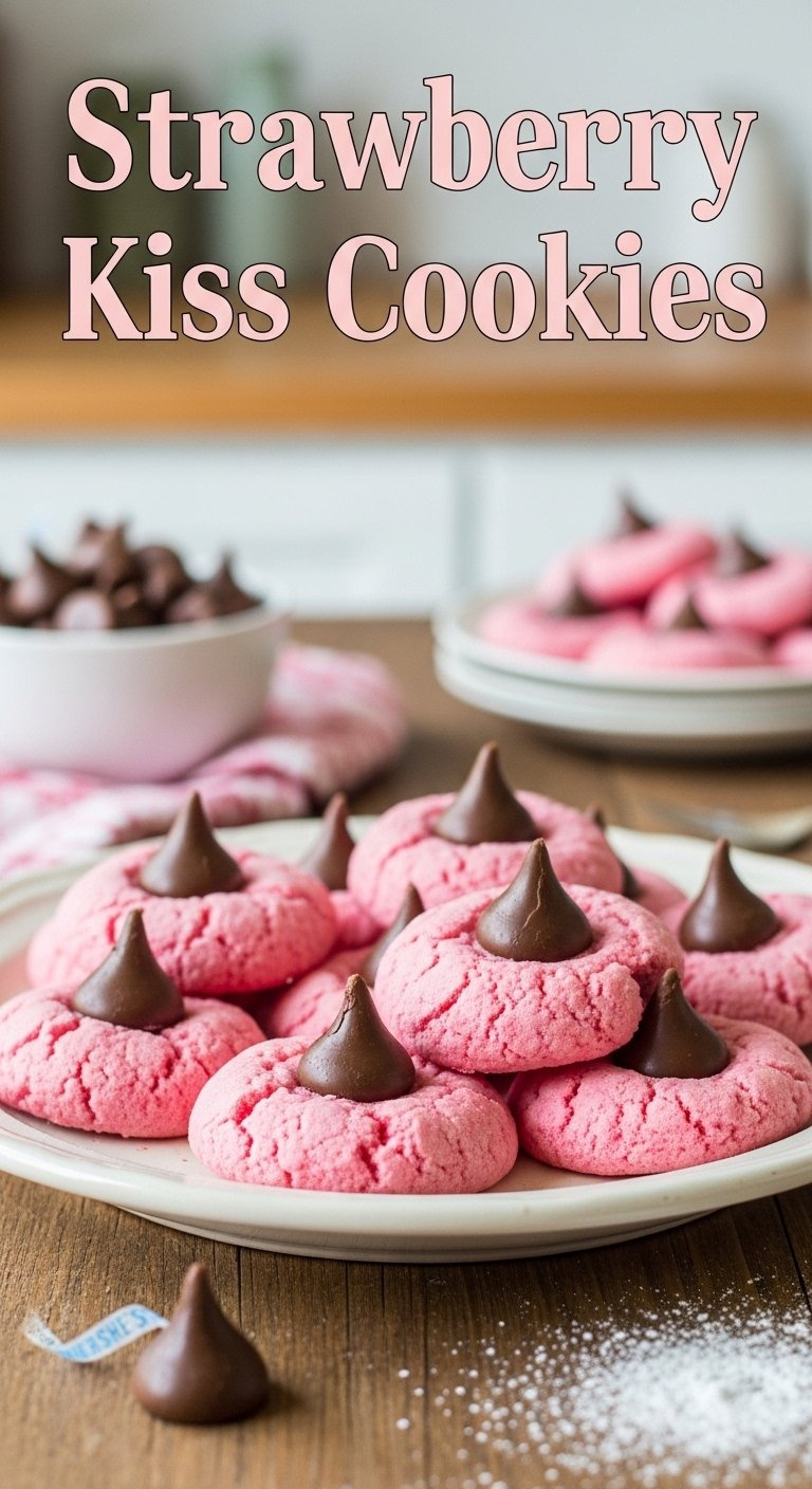 Freshly Baked Strawberry Kiss Cookies Topped With Chocolate On A Vintage Plate.